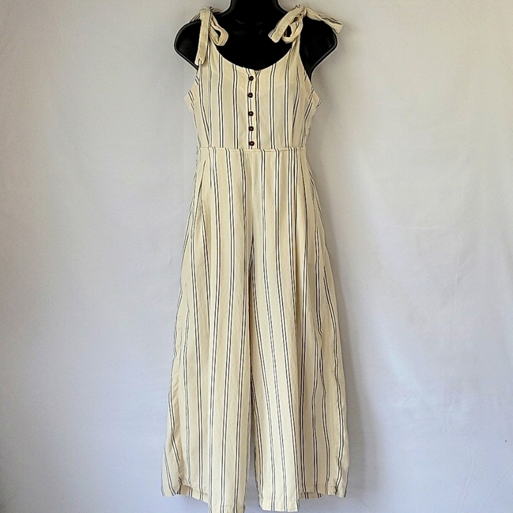 Free People Wide Leg Striped Jumpsuit Off White & Navy Size 4